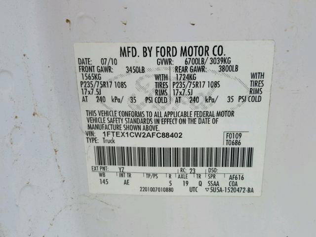 1FTEX1CW2AFC88402 - 2010 FORD F150 SUPER WHITE photo 10