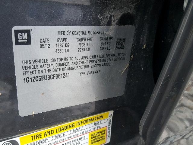 1G1ZC5EU3CF361241 - 2012 CHEVROLET MALIBU 1LT GRAY photo 10