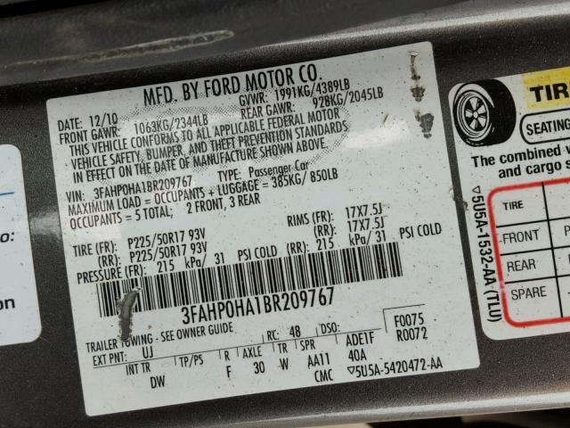 3FAHP0HA1BR209767 - 2011 FORD FUSION SE GRAY photo 10