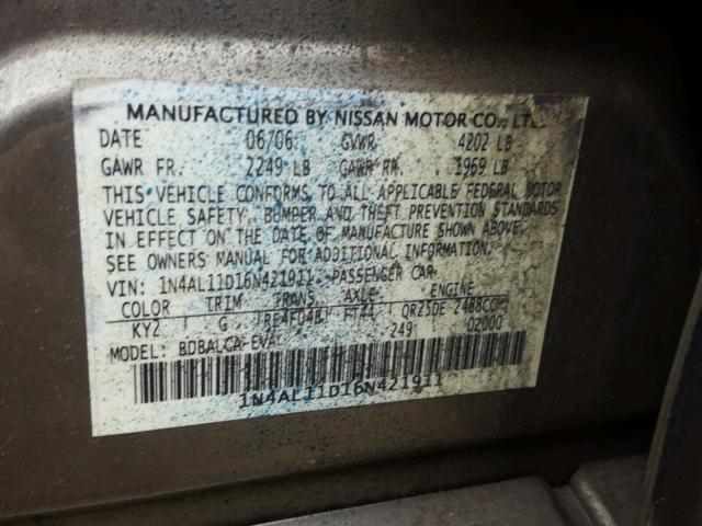 1N4AL11D16N421911 - 2006 NISSAN ALTIMA S GRAY photo 10