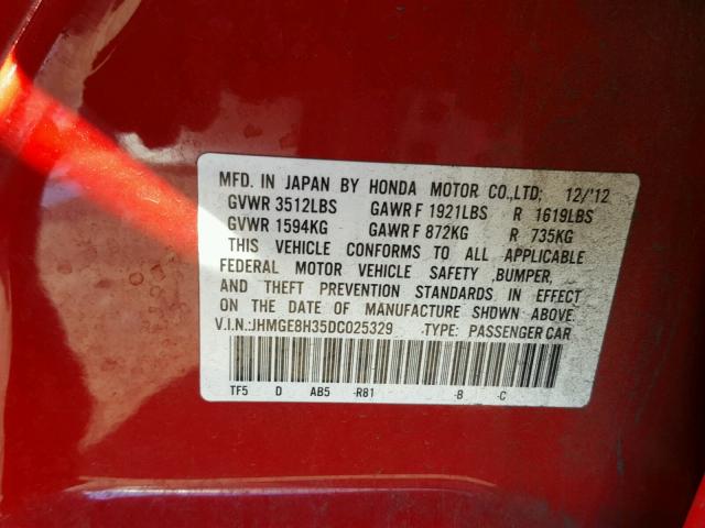 JHMGE8H35DC025329 - 2013 HONDA FIT RED photo 10