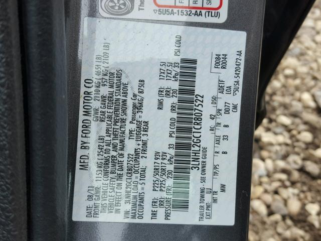 3LNHL2GC1CR807522 - 2012 LINCOLN MKZ ნაცრისფერი ფოტო 10