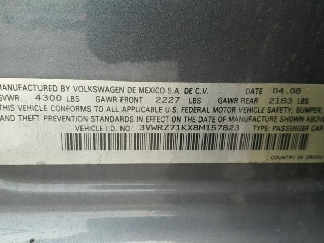 3VWRZ71KX8M157823 - 2008 VOLKSWAGEN JETTA SE 灰色 照片 10