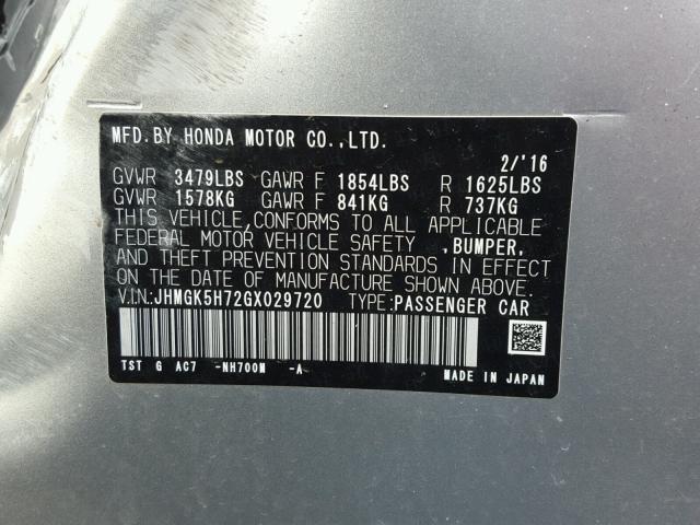 JHMGK5H72GX029720 - 2016 HONDA FIT EX SILVER photo 10