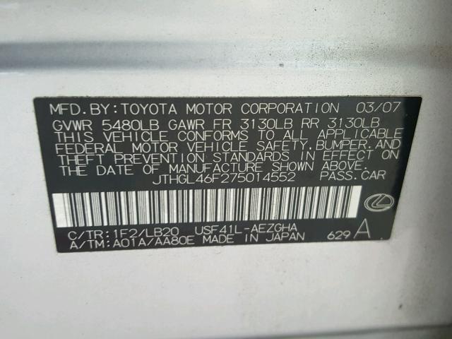 JTHGL46F275014552 - 2007 LEXUS LS 460L SILVER photo 10