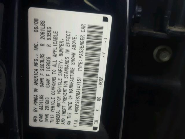 1HGCP26878A147151 - 2008 HONDA ACCORD EXL BLUE photo 10