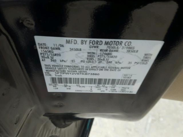 1FTPW12V97KB73560 - 2007 FORD F150 SUPER BLACK photo 10