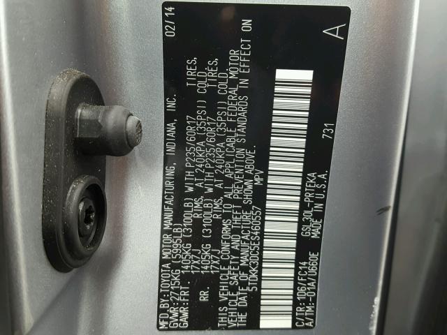 5TDKK3DC5ES460557 - 2014 TOYOTA SIENNA LE SILVER photo 10