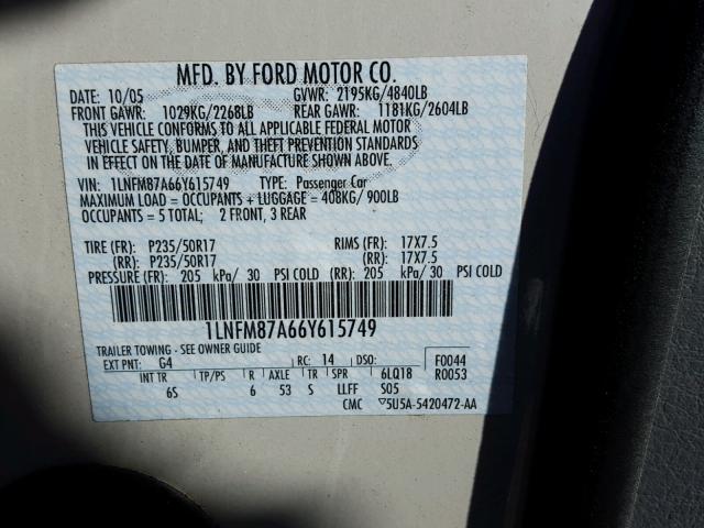 1LNFM87A66Y615749 - 2006 LINCOLN LS 奶油色 照片 10