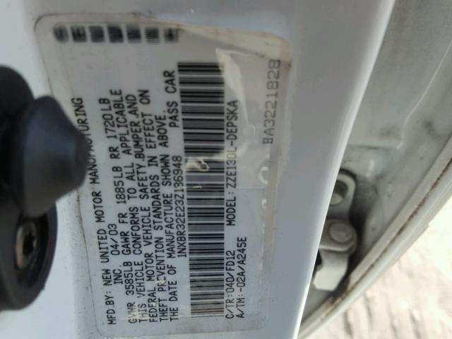 1NXBR32E23Z186948 - 2003 TOYOTA COROLLA CE WHITE photo 10