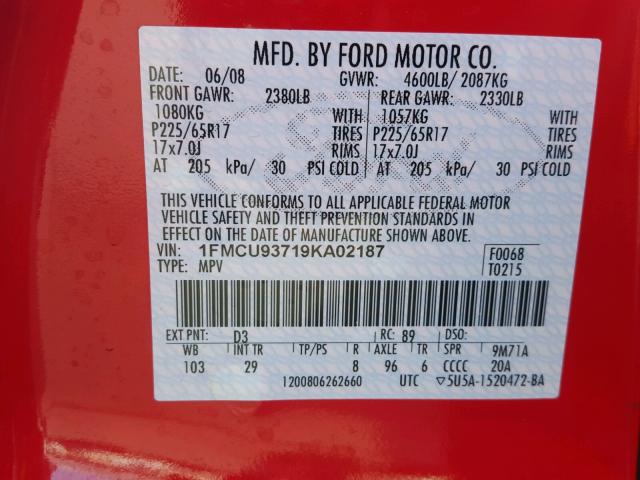 1FMCU93719KA02187 - 2009 FORD ESCAPE XLT RED photo 10