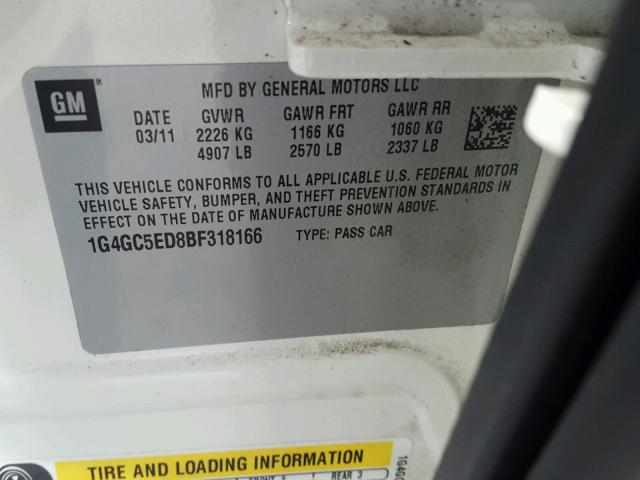 1G4GC5ED8BF318166 - 2011 BUICK LACROSSE C WHITE photo 10