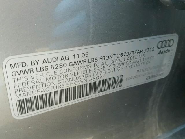 WAUDH74F96N110183 - 2006 AUDI A6 3.2 QUA GRAY photo 10