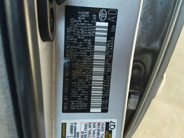 2T1BR30E45C437377 - 2005 TOYOTA COROLLA CE SILVER photo 10