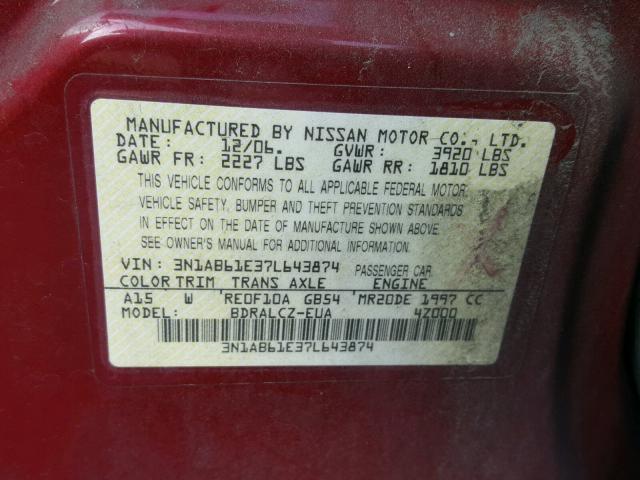 3N1AB61E37L643874 - 2007 NISSAN SENTRA 2.0 BURGUNDY photo 10