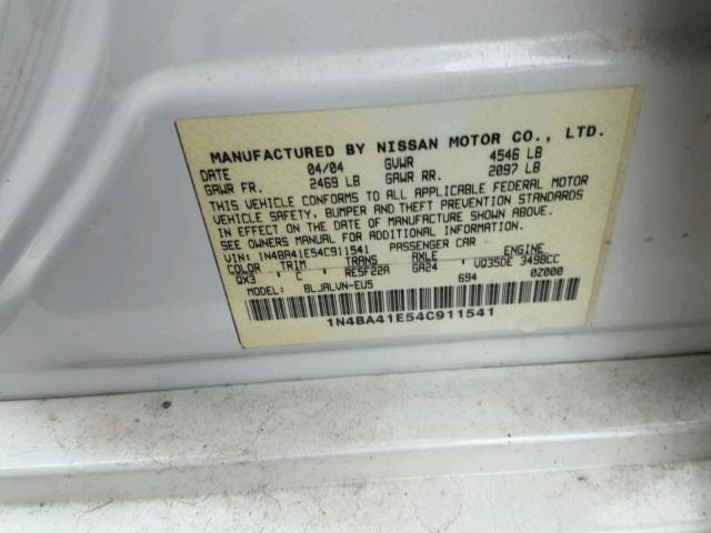 1N4BA41E54C911541 - 2004 NISSAN MAXIMA SE WHITE photo 10