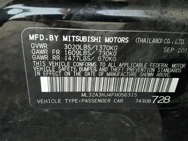 ML32A3HJ4FH056315 - 2015 MITSUBISHI MIRAGE DE BLACK photo 10