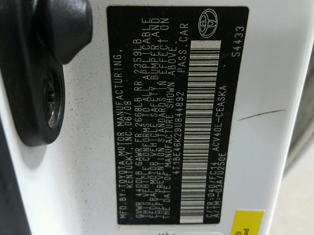 4T1BE46K29U844892 - 2009 TOYOTA CAMRY BASE WHITE photo 10