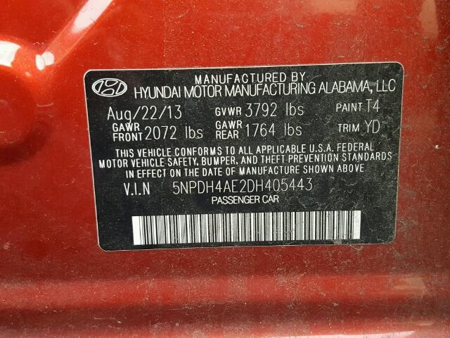 5NPDH4AE2DH405443 - 2013 HYUNDAI ELANTRA GL RED photo 10