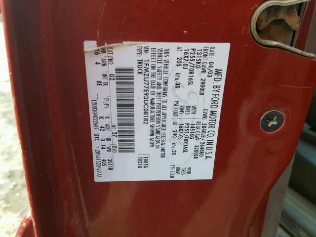 1FMZU77E93UC08182 - 2003 FORD EXPLORER S RED photo 10