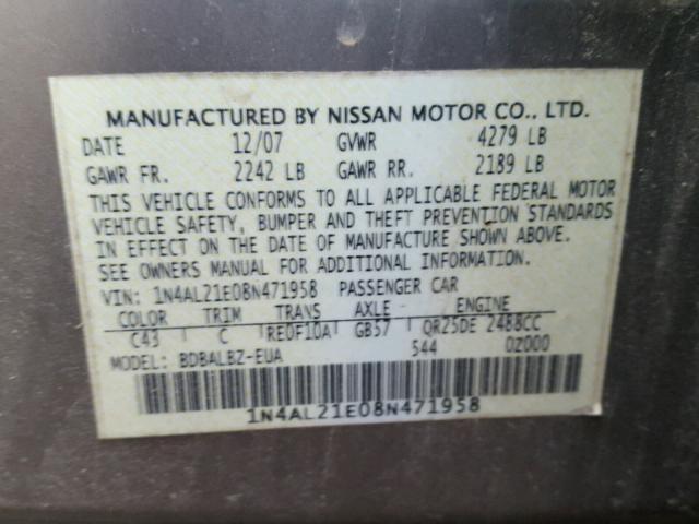 1N4AL21E08N471958 - 2008 NISSAN ALTIMA 2.5 GOLD photo 10