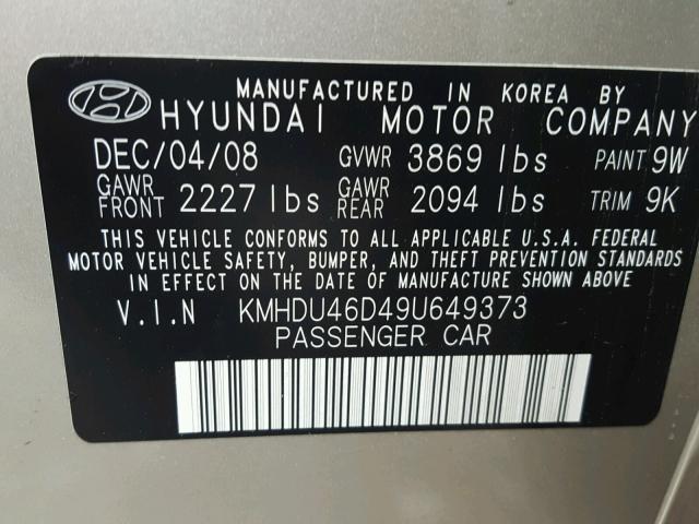 KMHDU46D49U649373 - 2009 HYUNDAI ELANTRA GL GOLD photo 10