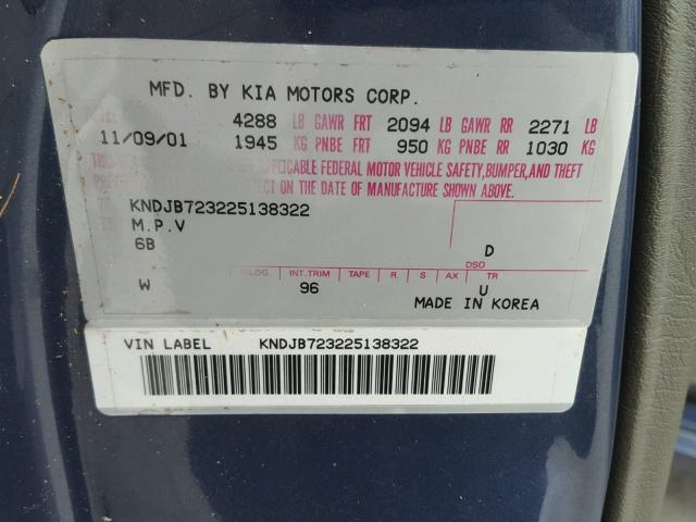 KNDJB723225138322 - 2002 KIA SPORTAGE BLUE photo 10