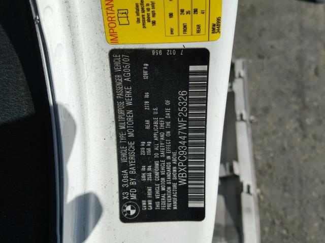 WBXPC93447WF25326 - 2007 BMW X3 3.0SI WHITE photo 10