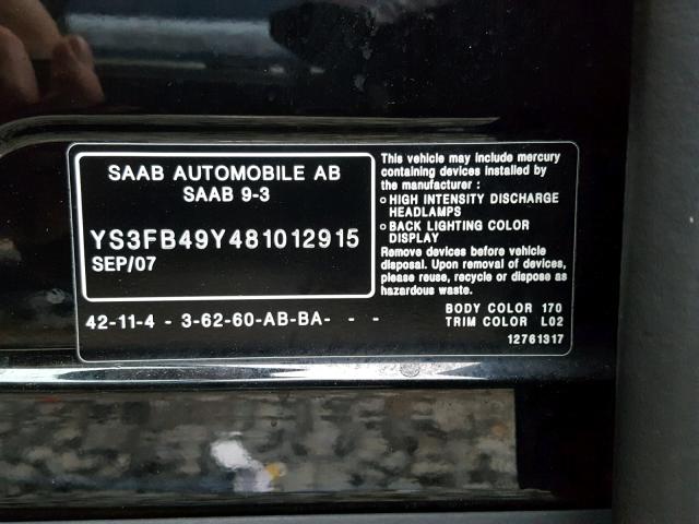 YS3FB49Y481012915 - 2008 SAAB 9-3 2.0T BLACK photo 10