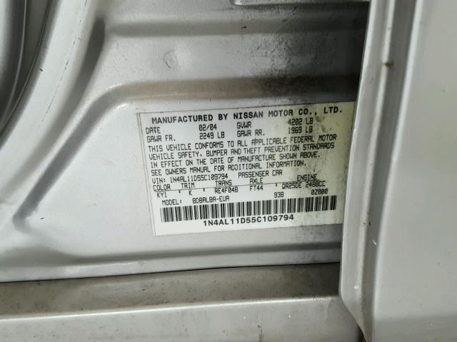 1N4AL11D55C109794 - 2005 NISSAN ALTIMA S SILVER photo 10