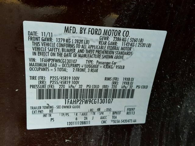 1FAHP2FW9CG130107 - 2012 FORD TAURUS LIM BROWN photo 10