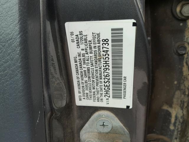 2HGES26795H554738 - 2005 HONDA CIVIC EX GRAY photo 10