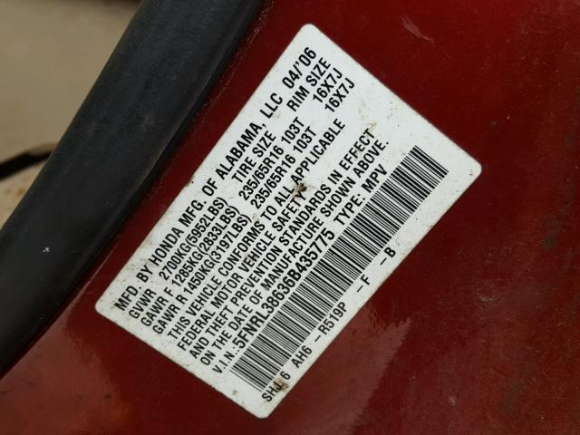 5FNRL38636B435775 - 2006 HONDA ODYSSEY EX RED photo 10