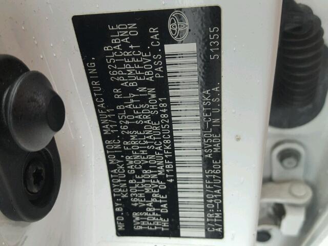 4T1BF1FK8CU528481 - 2012 TOYOTA CAMRY BASE WHITE photo 10