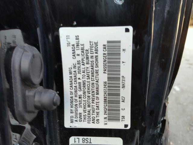 2HGFG3B8XCH512456 - 2012 HONDA CIVIC EX 黑色 照片 10