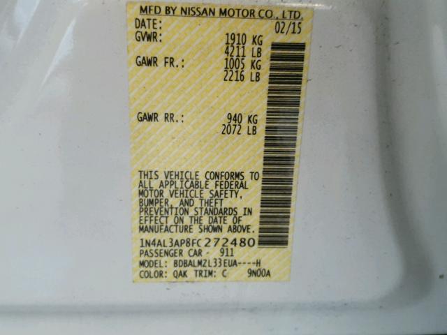 1N4AL3AP8FC272480 - 2015 NISSAN ALTIMA 2.5 WHITE photo 10