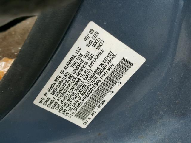 5FNRL3H65AB016948 - 2010 HONDA ODYSSEY EX BLUE photo 10