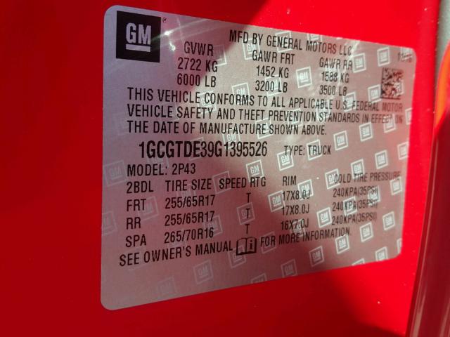 1GCGTDE39G1395526 - 2016 CHEVROLET COLORADO Z RED photo 10