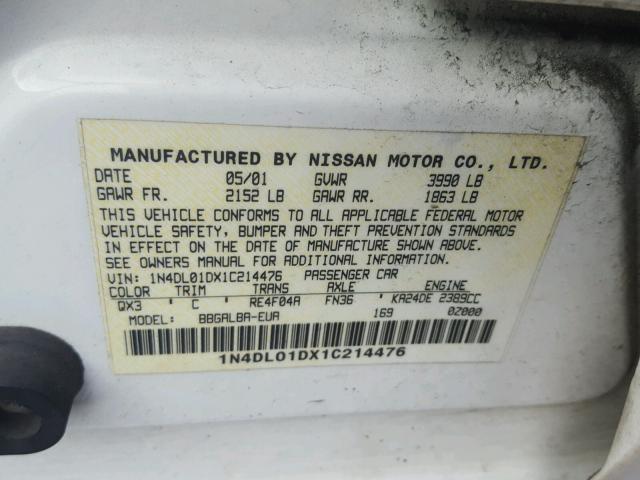 1N4DL01DX1C214476 - 2001 NISSAN ALTIMA XE WHITE photo 10