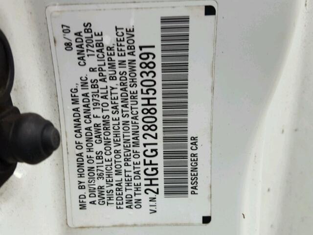 2HGFG12808H503891 - 2008 HONDA CIVIC EX თეთრი ფოტო 10