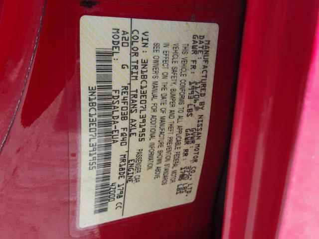 3N1BC13E07L391955 - 2007 NISSAN VERSA S RED photo 10