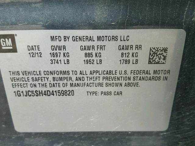 1G1JC5SH4D4159820 - 2013 CHEVROLET SONIC LT 灰色 照片 10