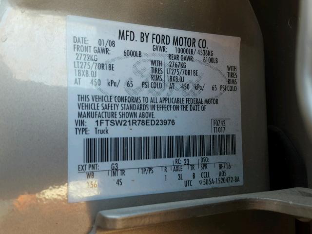 1FTSW21R78ED23976 - 2008 FORD F250 SUPER GOLD photo 10