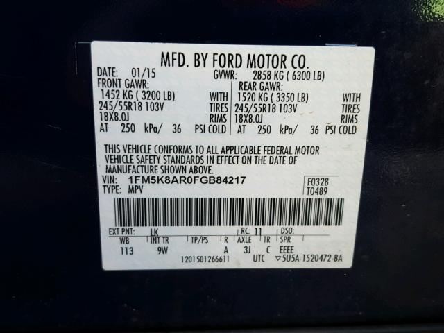 1FM5K8AR0FGB84217 - 2015 FORD EXPLORER P BLUE photo 10