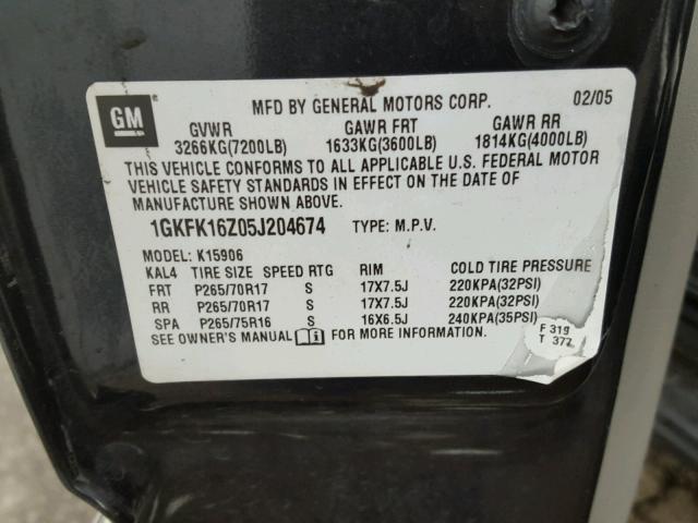 1GKFK16Z05J204674 - 2005 GMC YUKON XL K CHARCOAL photo 10