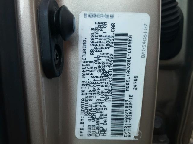 4T1BE32K13U170922 - 2003 TOYOTA CAMRY LE 米色 照片 10