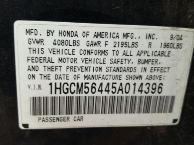 1HGCM56445A014396 - 2005 HONDA ACCORD LX BLACK photo 10