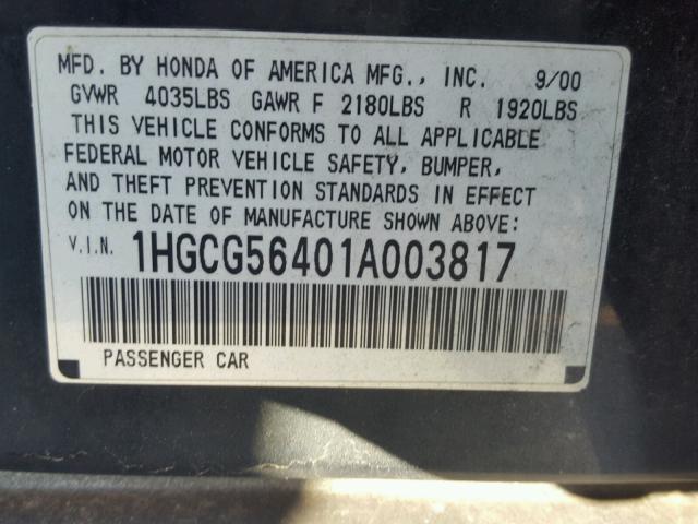 1HGCG56401A003817 - 2001 HONDA ACCORD LX GREEN photo 10