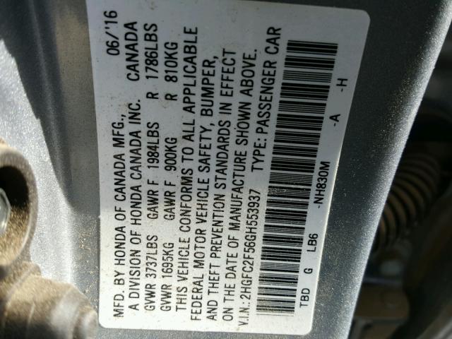 2HGFC2F56GH553937 - 2016 HONDA CIVIC LX SILVER photo 10