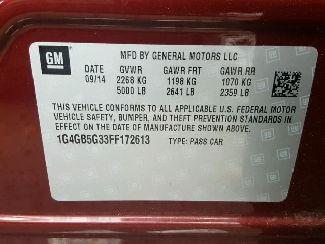 1G4GB5G33FF172613 - 2015 BUICK LACROSSE RED photo 10